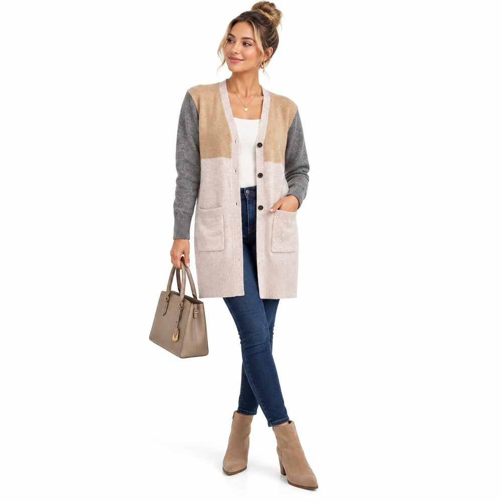 True Craft Cardigan Women L Gray Colorblock MBJC852 Longline Knit Sweater Pocket